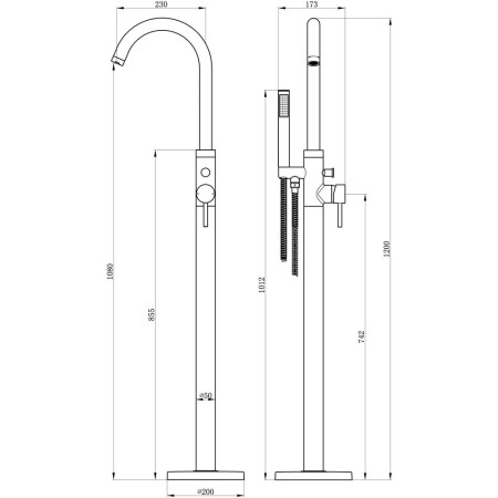AJAX108985 Ajax Ouse Floor Standing Chrome Bath Shower Mixer Line Drawing