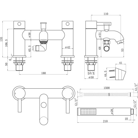 AJAX111496 Ajax Ouse Matt Black Bath Shower Mixer Line Drawing