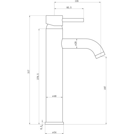 AJAX111501 Ajax Ouse Matt Black Tall Basin Mixer Line Drawing
