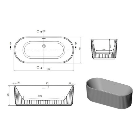 AJAX108532 Ajax Raventhorpe 1700 x 750mm Fluted Freestanding Bath Line Drawing