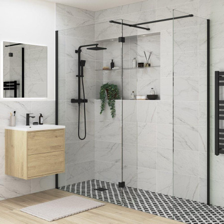 AJAX107541 Ajax Reni Black 8mm Clear Glass Wetroom Panel with Side & Flipper Panel