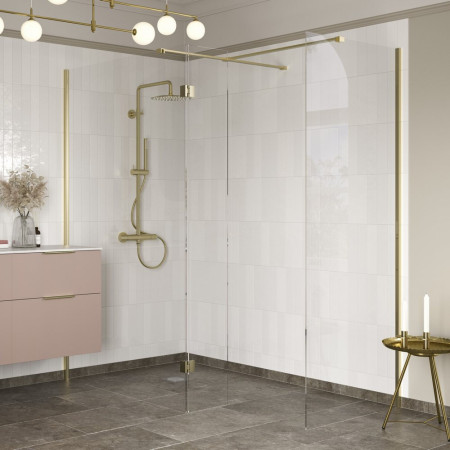 AJAX107564 Ajax Reni Brushed Brass 8mm Clear Glass Wetroom Panel with Side & Splash Panel
