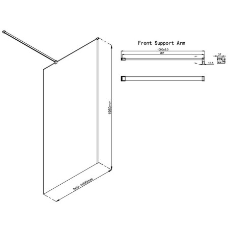 AJAX117143 Ajax Reni Gunmetal 8mm Clear Glass 1000mm Wetroom Panel Line Drawing