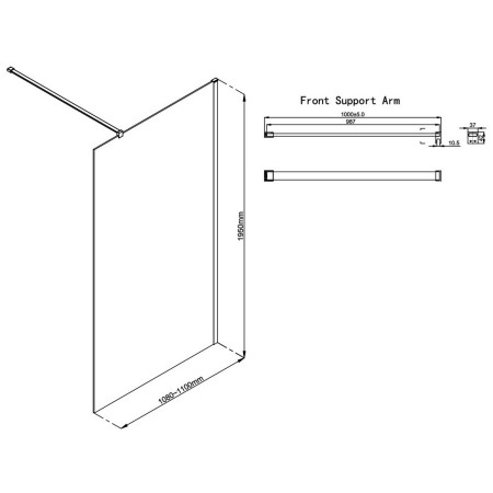 AJAX117144 Ajax Reni Gunmetal 8mm Clear Glass 1100mm Wetroom Panel Line Drawing