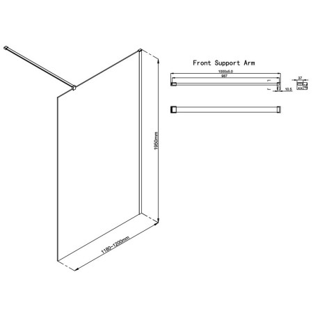 AJAX117145 Ajax Reni Gunmetal 8mm Clear Glass 1200mm Wetroom Panel Line Drawing