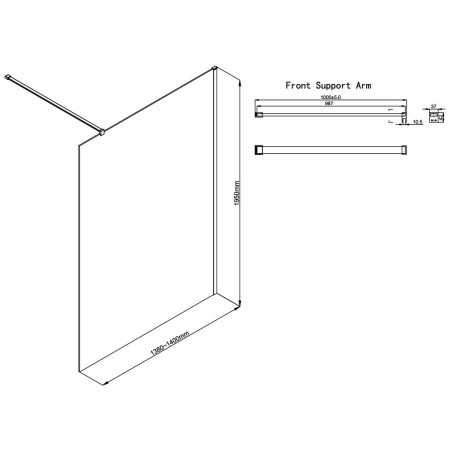 AJAX117146 Ajax Reni Gunmetal 8mm Clear Glass 1400mm Wetroom Panel Line Drawing
