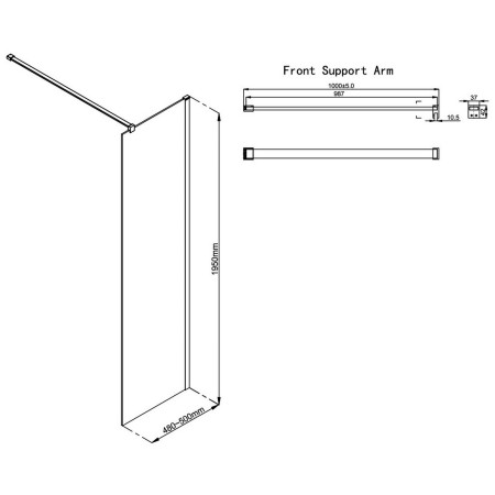 AJAX117138 Ajax Reni Gunmetal 8mm Clear Glass 500mm Wetroom Panel Line Drawing