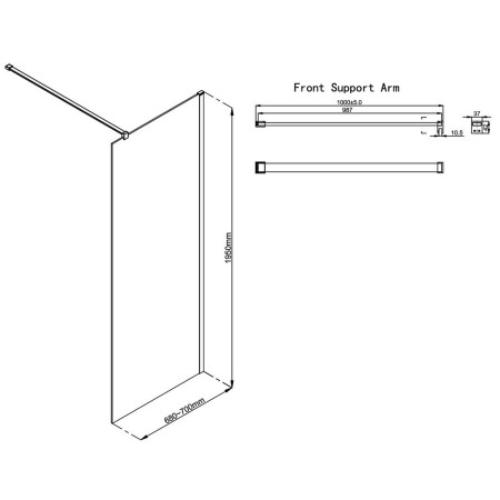 AJAX117139 Ajax Reni Gunmetal 8mm Clear Glass 700mm Wetroom Panel Line Drawing