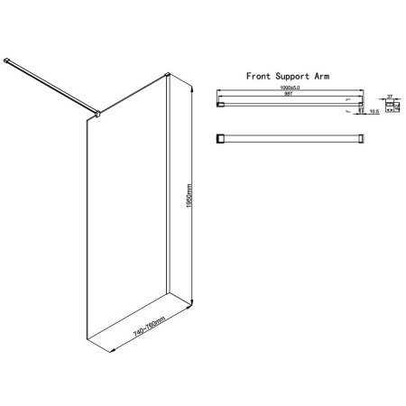 AJAX117140 Ajax Reni Gunmetal 8mm Clear Glass 760mm Wetroom Panel Line Drawing