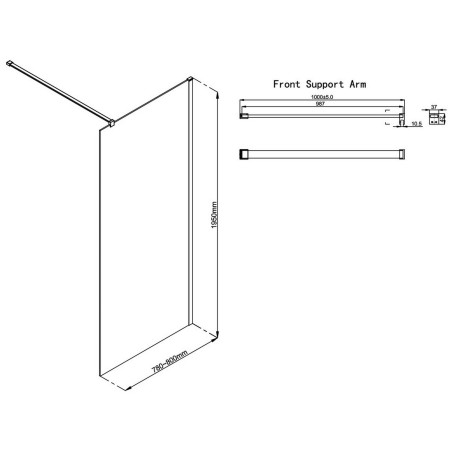 AJAX117141 Ajax Reni Gunmetal 8mm Clear Glass 800mm Wetroom Panel Line Drawing