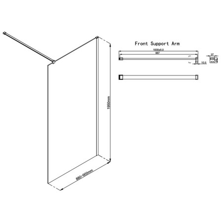 AJAX117142 Ajax Reni Gunmetal 8mm Clear Glass 900mm Wetroom Panel Line Drawing