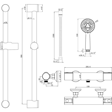 AJAX105587 Ajax Riby Cool Touch Chrome Thermostatic Bar Mixer Shower Line Drawing