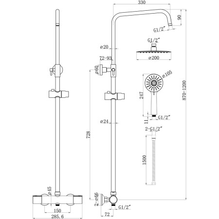 AJAX105830 Ajax Riby Cool Touch Chrome Thermostatic Mixer Shower with Overhead Kit Line Drawing