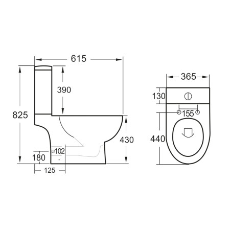 Ajax Riva Rimless Open Back Pan with Cistern Technical Drawing
