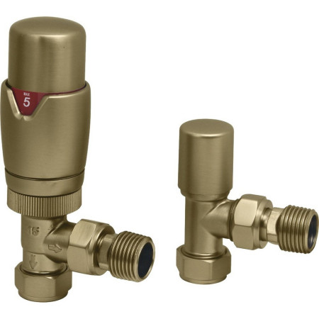 Ajax Round Brushed Brass Angled Thermostatic Radiator Valves