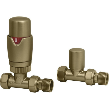 Ajax Round Brushed Brass Straight Thermostatic Radiator Valves