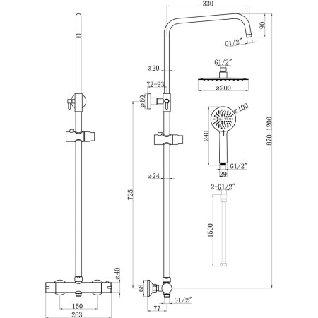 AJAX105888 Ajax Round Brushed Brass Thermostatic Bar Mixer Shower with Riser Kit Dimensions
