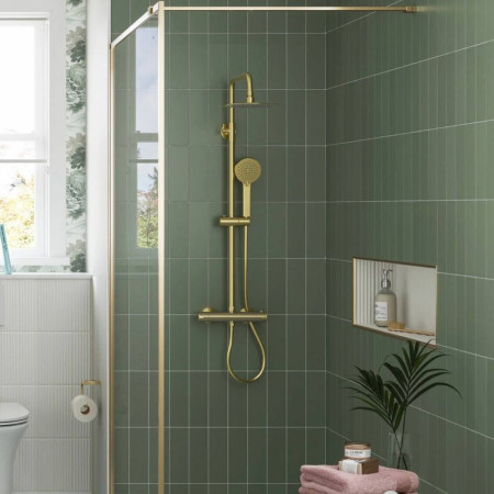 AJAX105888 Ajax Round Brushed Brass Thermostatic Bar Mixer Shower with Riser Kit Lifestyle
