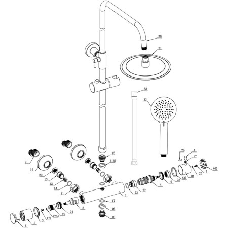 AJAX105888 Ajax Round Brushed Brass Thermostatic Bar Mixer Shower with Riser Kit Parts Diagram