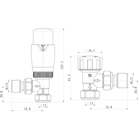 AJAX104995 Ajax Round Angled Thermostatic Radiator Valves Line Drawing
