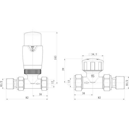 AJAX104996 Ajax Round Straight Thermostatic Radiator Valves Line Drawing