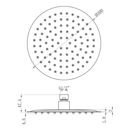 AJAX106792 Ajax Round Matt Black 200mm Stainless Steel Showerhead Dimensions