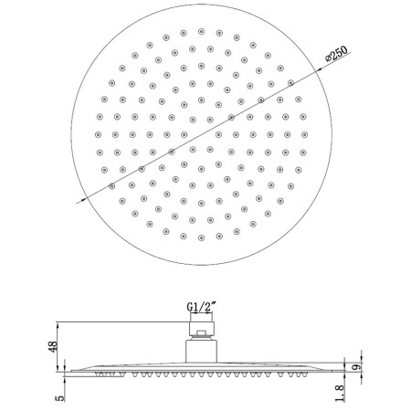 AJAX106793 Ajax Round Matt Black 250mm Stainless Steel Showerhead Dimensions