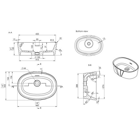 AJAX109921 Ajax Roxby White Resin 460mm Countertop Basin Line Drawing