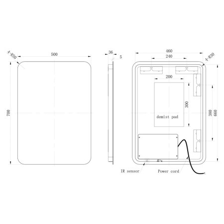 AJAX106255 Ajax Sanctuary 700 x 500mm Back Lit LED Bathroom Mirror Line Drawing
