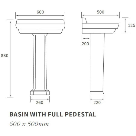 AJAX1820 Ajax Somerby 2TH 600mm Basin and Full Pedestal Line Drawing
