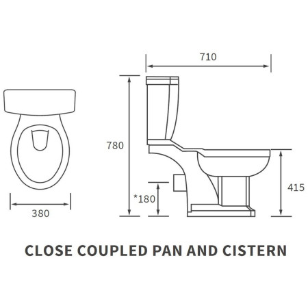 AJAX1899 Ajax Somerby Close Coupled WC with White Ash Seat and Chrome Fittings Line Drawing