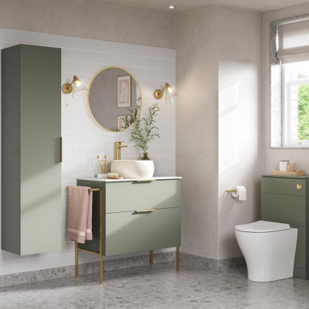 AJAX106973 Ajax Somercotes Matt Olive Green Wall Hung 815mm Vanity Unit and Basin Lifestyle