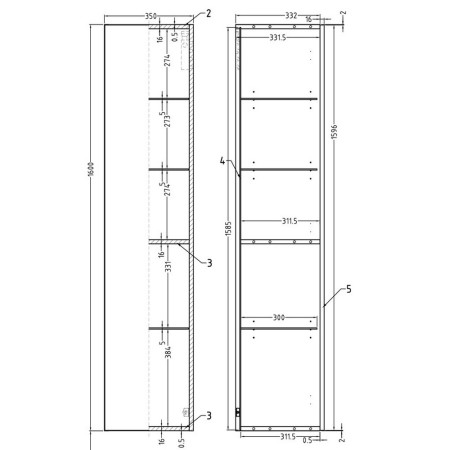 AJAX106206 Ajax Somercotes Matt Deep Blue Wall Hung 350mm Tall Storage Unit Internal Line Drawing