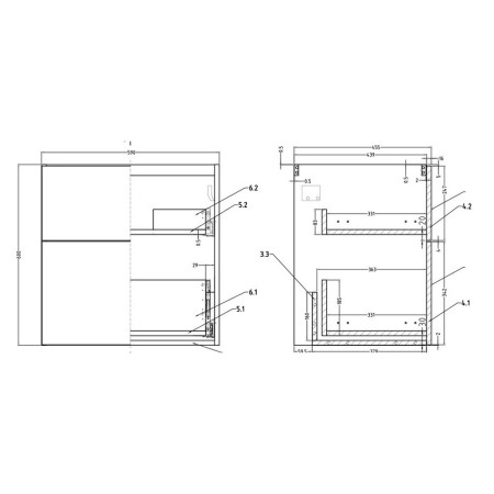 AJAX104067 Ajax Somercotes Matt White Wall Hung 610mm Vanity Unit and 1TH Basin Line Drawing