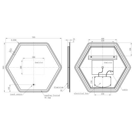 AJAX116294 Ajax Sorrel 785mm Hexagonal LED Bathroom Mirror Dimensions