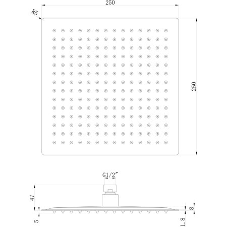 AJAX105865 Ajax Hedon Square 250mm Stainless Steel Ultra Slim Shower Head Line Drawing