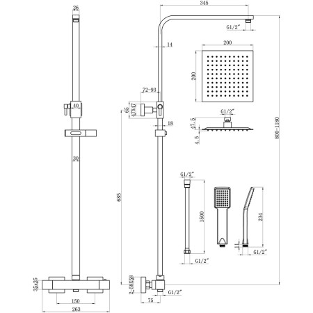 AJAX109000 Ajax Hedon Square Brushed Bronze Thermostatic Bar Mixer Shower with Riser Kit Line Drawing