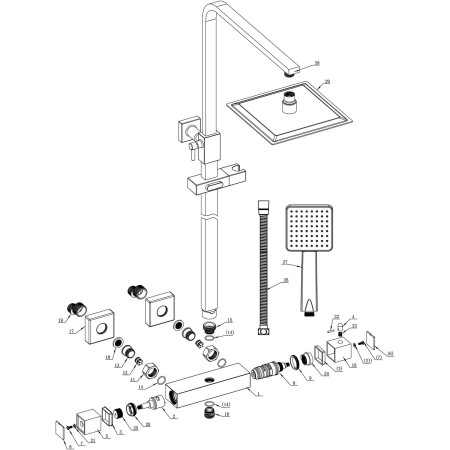 AJAX111608 Ajax Square Chrome Thermostatic Bar Mixer Shower with Riser Kit Parts Diagram