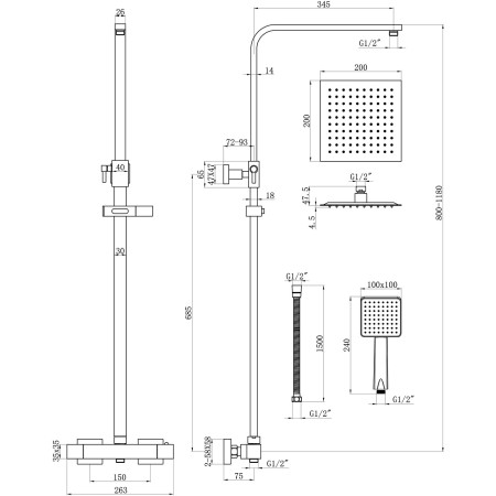AJAX111608 Ajax Square Chrome Thermostatic Bar Mixer Shower with Riser Kit Line Drawing