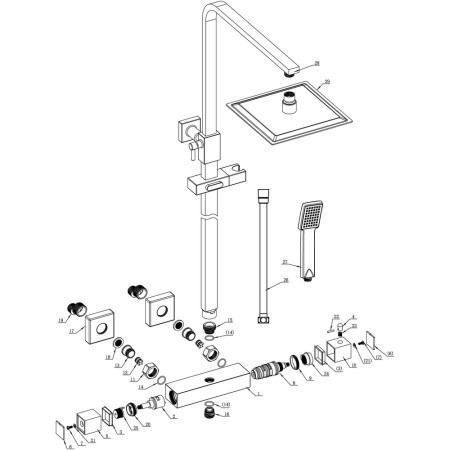 AJAX105886 Ajax Hedon Square Matt Black Thermostatic Bar Mixer Shower with Riser Kit Parts Diagram