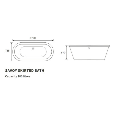 AJAX3320 Ajax Swanland 1700 x 755mm Freestanding Bath Line Drawing