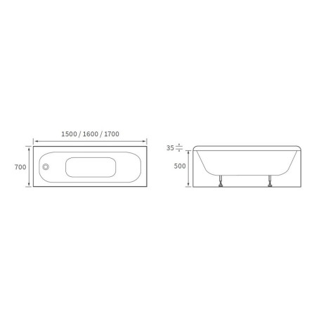 AJAX100596 Ajax Tattershall 1700 x 700mm Single Ended Steel Bath Line Drawing