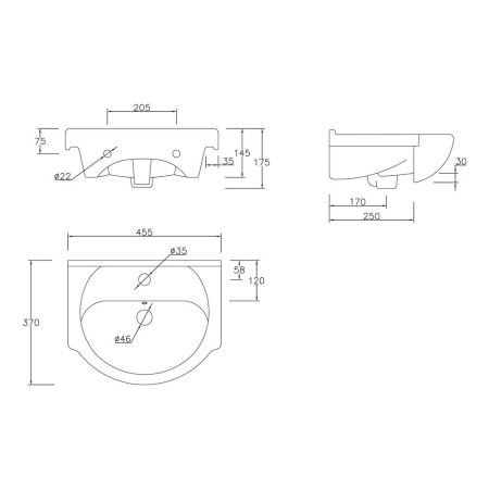 AJAX102954 Ajax Tealby Gloss White 450mm Vanity Unit with Basin Dimensions