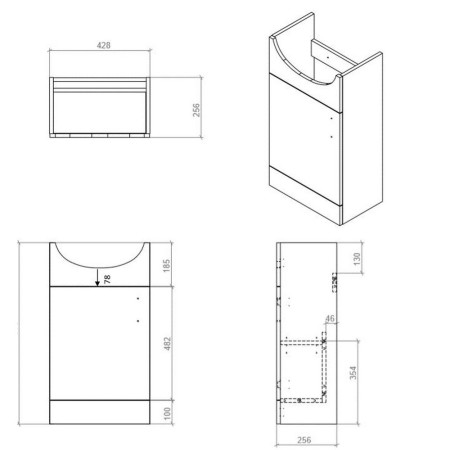 AJAX102954 Ajax Tealby Gloss White 450mm Vanity Unit with Basin Line Drawing