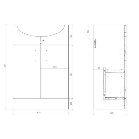 AJAX102955 Ajax Tealby Gloss White 560mm Vanity Unit with Basin Line Drawing