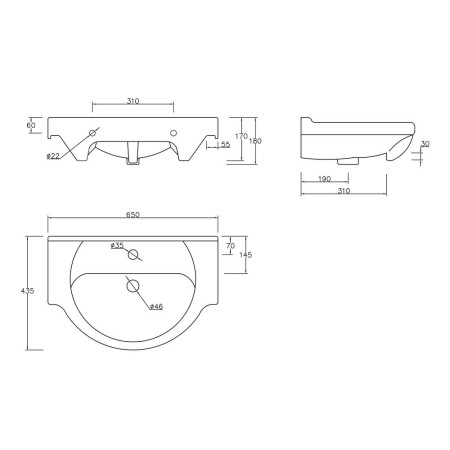 AJAX102956 Ajax Tealby Gloss White 655mm Vanity Unit with Basin Dimensions