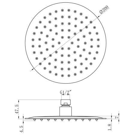AJAX111553 Ajax Thrunscoe Brushed Brass 200mm Stainless Steel Shower Head Line Drawing