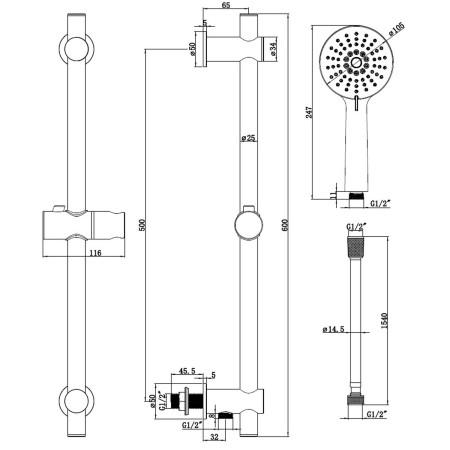 AJAX111565 Ajax Thrunscoe Brushed Bronze Round Slider Rail Kit with Handset and Elbow Line Drawing