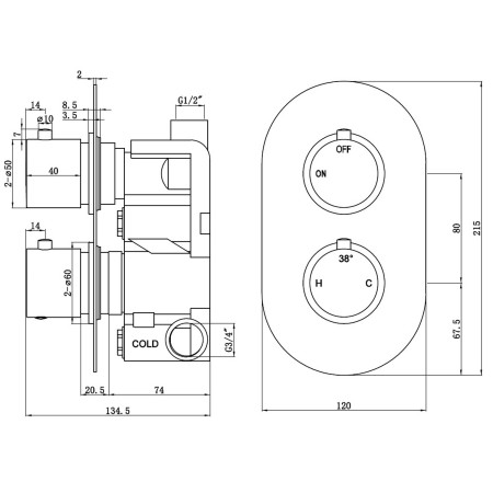 AJAX111562 Ajax Thrunscoe Brushed Bronze Thermostatic Single Outlet Twin Concealed Shower Valve Line Drawing
