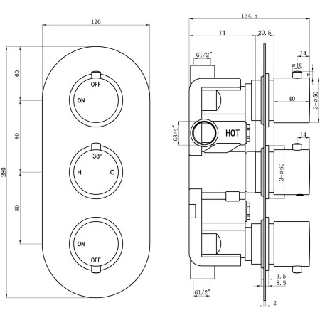 AJAX116240 Ajax Thrunscoe Brushed Bronze Thermostatic Two Outlet Triple Concealed Shower Valve Dimensions
